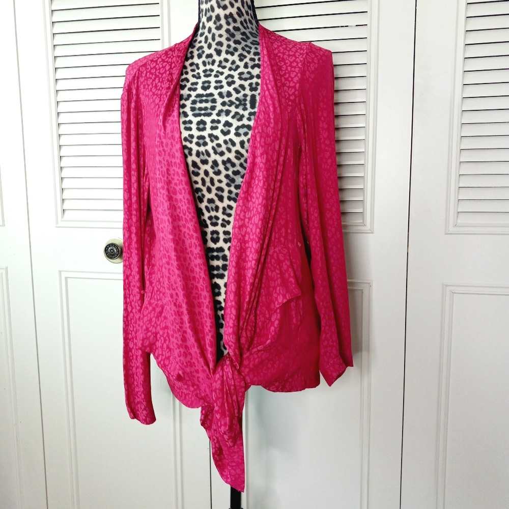 Logo Lori Goldstein pink silky look open cardigan with slash pockets siz… - Picture 5 of 10